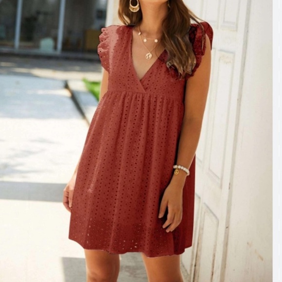 Women's Desert Red Ruffle Short Sleeved Eyelet A-Line Dress ~ Knox Rose XL - Picture 4 of 4